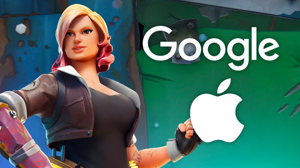 Персонаж Fortnite рядом с логотипами Google и Apple