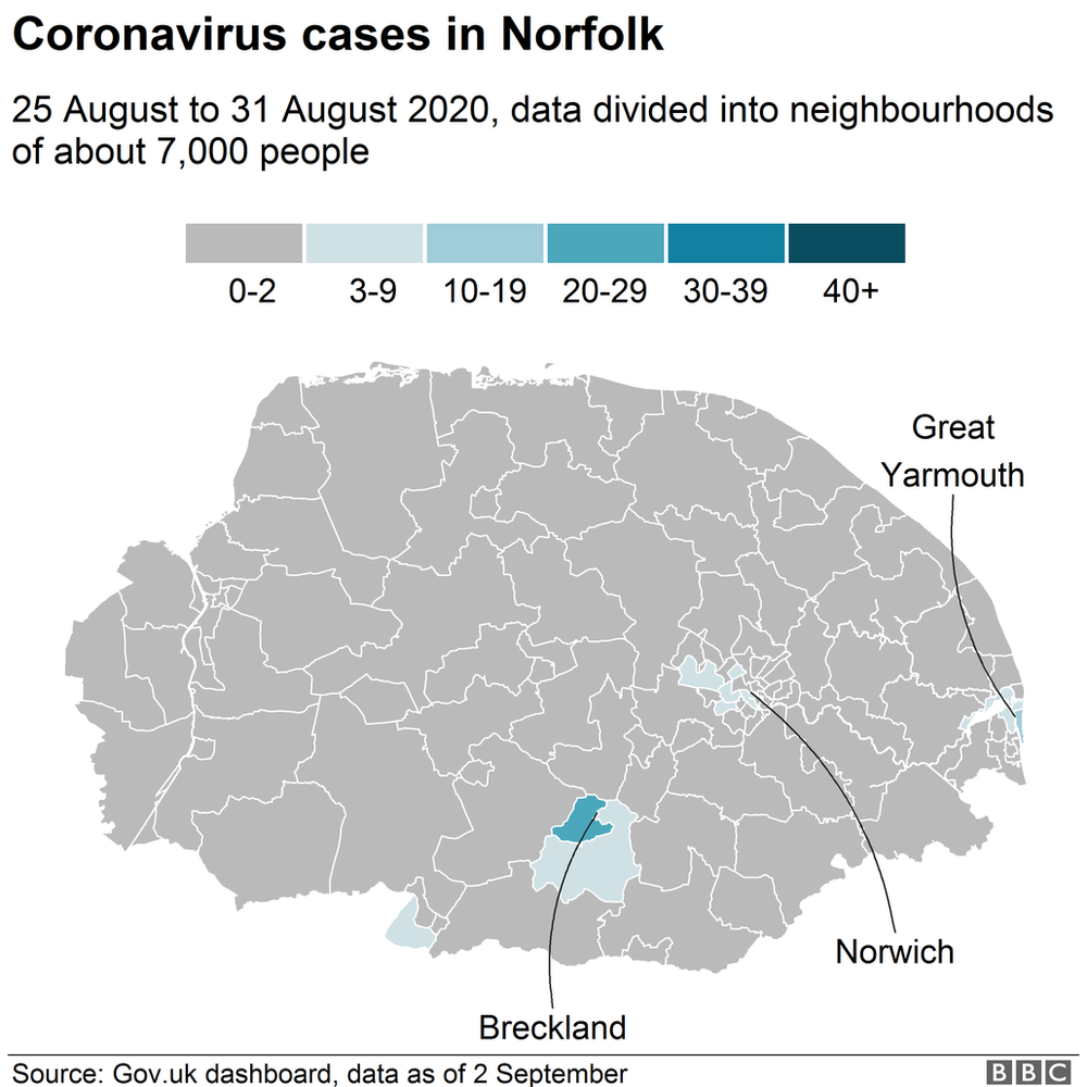 Карта, показывающая случаи коронавируса в Норфолке