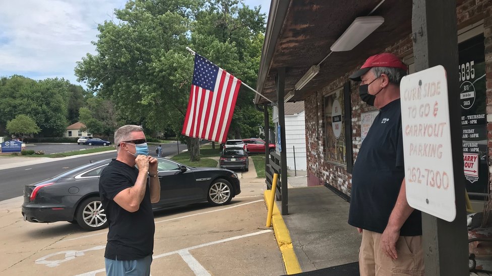 Bob Palmgren, the owner of RJ’s Bob-Be-Que Shack, told a customer, Randy Treas, that he has to put on a mask