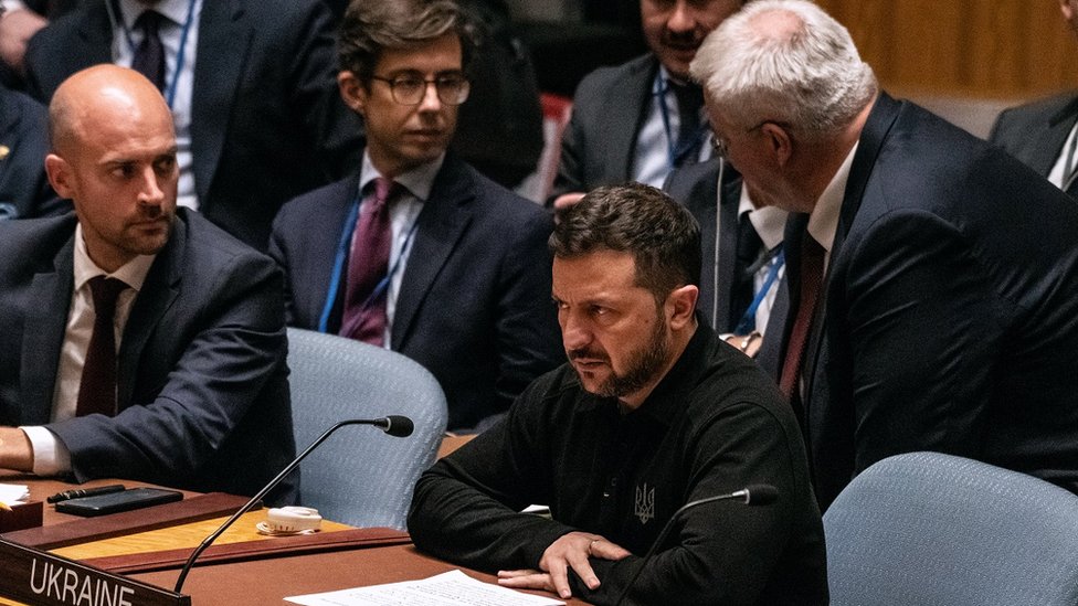 NEW YORK, NEW YORK - SEPTEMBER 24: Volodymyr Zelenskyy, President of Ukraine, arrives to a meeting of the United Nations Security Council at U.N. headquarters on September 24, 2024 in New York City. Member nations of the Security Council are set to discuss the war in Ukraine. (Photo by Stephanie Keith/Getty Images)