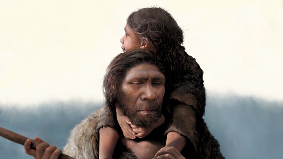 Ilustración de un padre neandertal y su hija