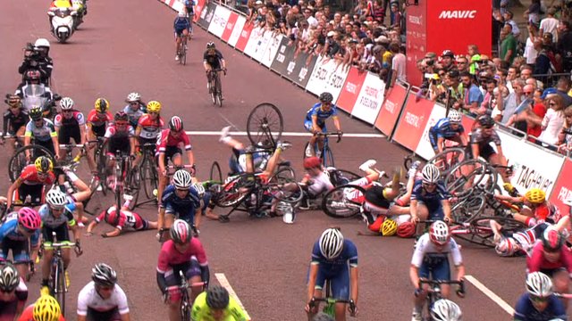 A huge crash in the peleton at the Prudential RideLondon Grand Prix
