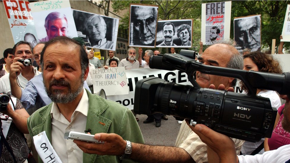 Akbar Ganji at a protest outside the UN in New York in July 2015