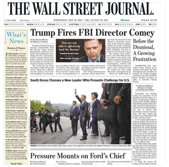 Первая страница Wall Street Journal на следующий день после увольнения Джеймса Коми