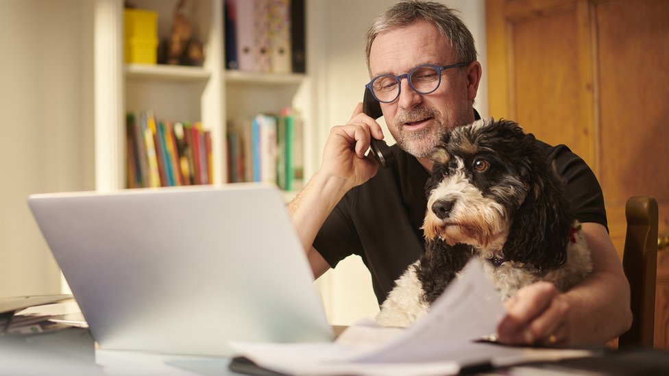 Мужчина разговаривает по телефону, гладит свою собаку, одновременно просматривая разные бумаги, разбросанные вокруг его открытого ноутбука