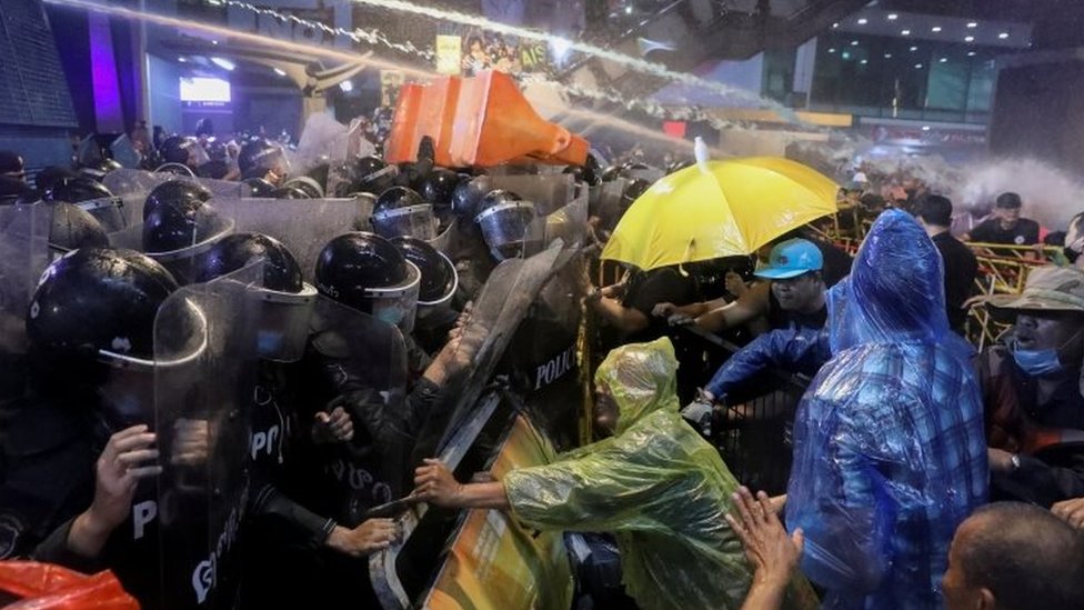 Riot police use water canon against protesters in Bangkok, Thailand. Photo: 16 October 2020