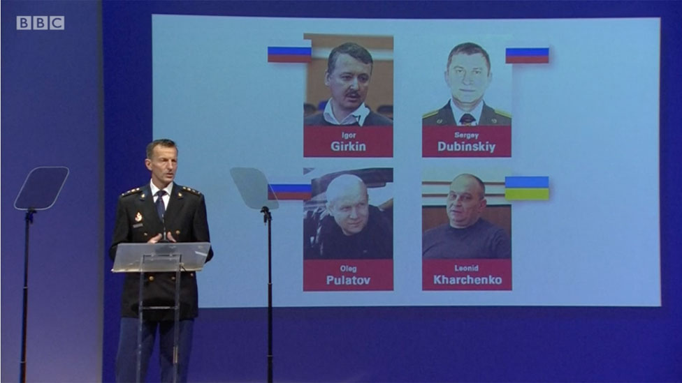 Los cuatro hombres acusados de derribar el vuelo MH17: los rusos Igor Girkin, Sergey Dubinsky y Oleg Pulatov, y el ucraniano Leonid Kharchenko.