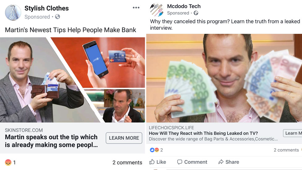 Составное изображение, состоящее из двух частей, показывает Мартина Льюиса, держащего деньги и кредитные карты с рекламным текстом о «возвращении» и «изучении правды»