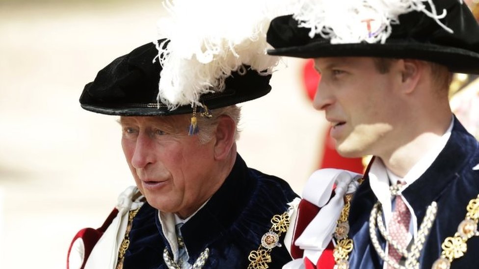 Принц Чарльз, принц Уэльский в своей роли Королевского рыцаря-компаньона Подвязки и принц Уильям, герцог Кембриджский, в своей роли рыцаря-компаньона