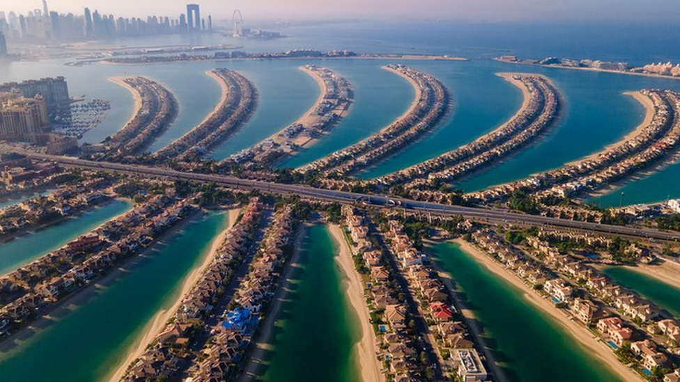 An aerial view of the Palm Jumeirah island in Dubai, UAE