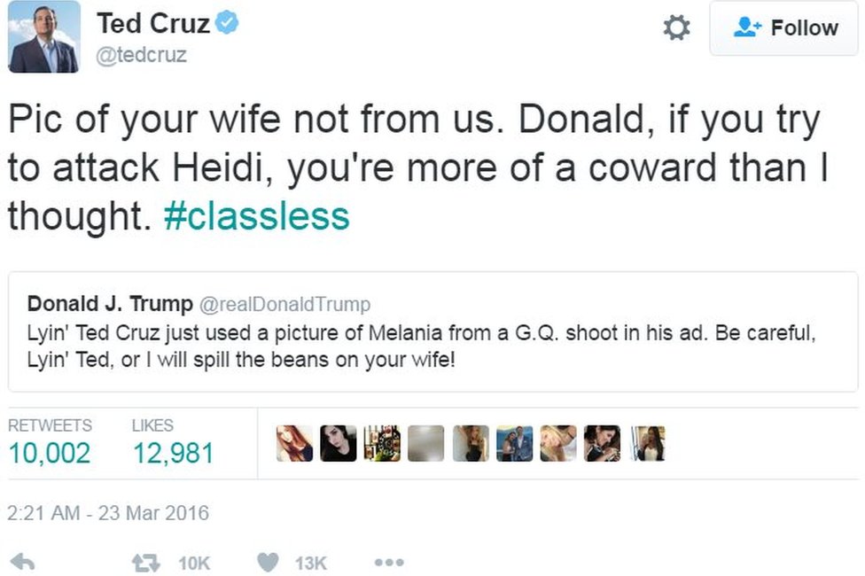 Твитнул Тед Круз в марте 2016 года, в котором говорится: Фотография вашей жены не от нас. Дональд, если ты попытаешься напасть на Хайди, ты станешь большим трусом, чем я думал. #classless
