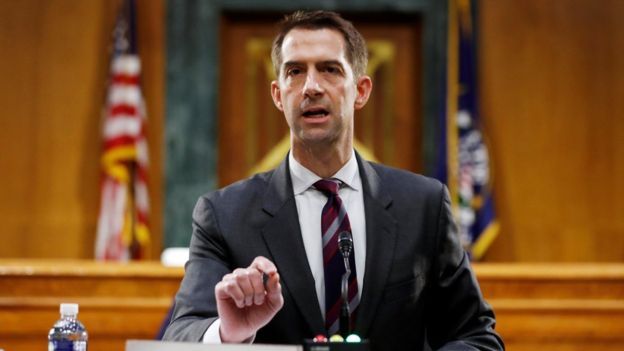 Arkansas senatörü Tom Cotton göstericilere karşı ordunun konuşlandırılmasını savunuyordu