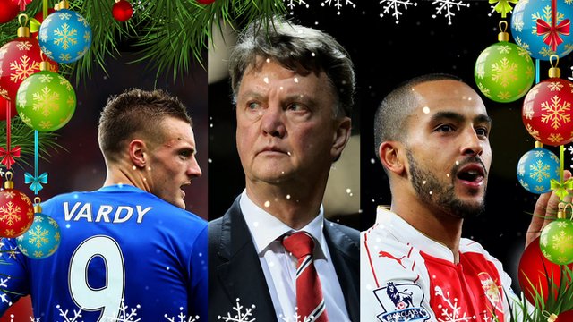 Leicester City striker Jamie Vardy, Manchester United manager Louis Van Gaal and Arsenal forward Theo Walcott