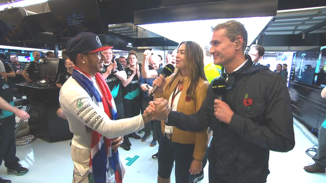 Lewis Hamilton, Suzi Perry and David Coulthard (L-R)