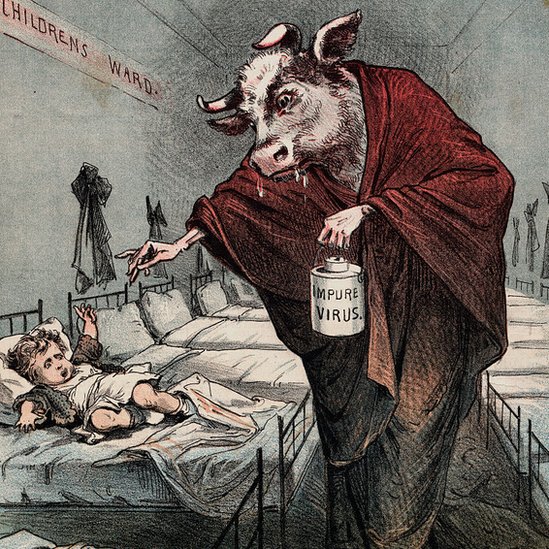 A drawing of a cow with human hands sprinkling something on a child in bed while holding a jar labelled "Impure virus"