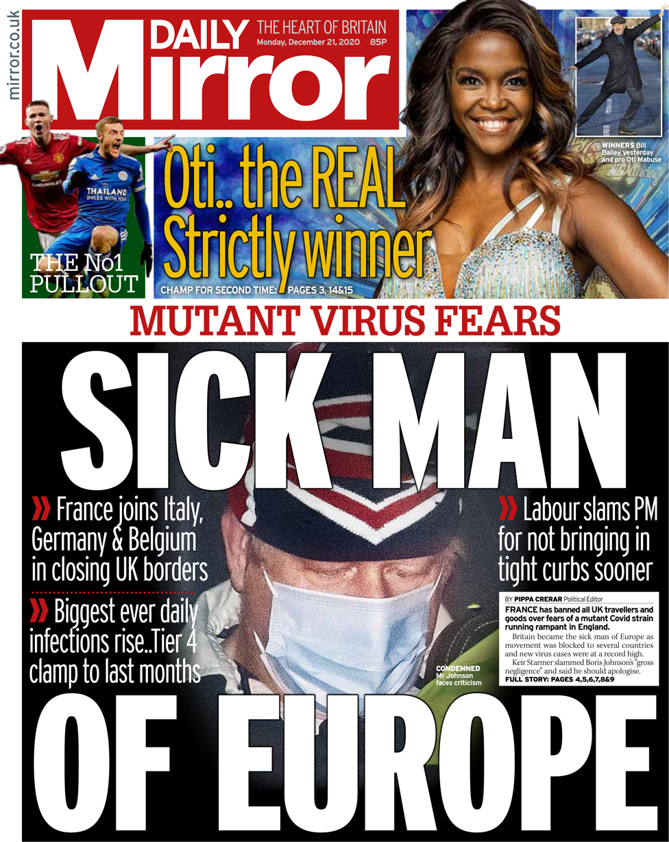 The Daily Mirror front page 21 December 2020