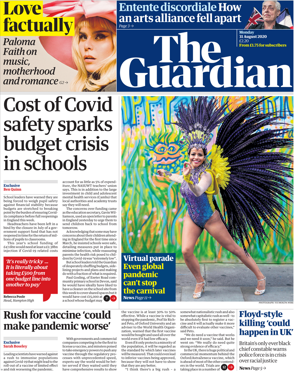 The Guardian front page 31 August 2020