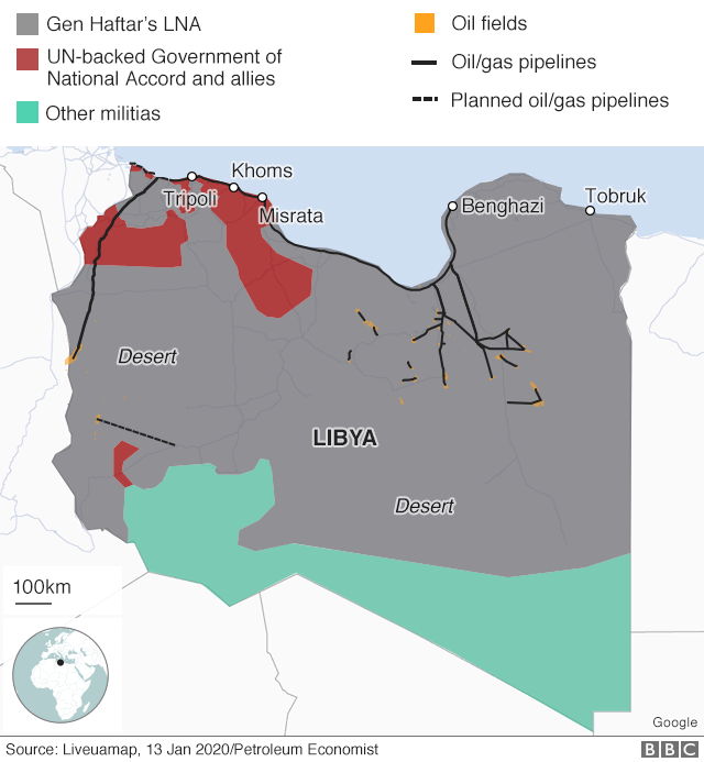 Контрольная карта Ливии с указанием месторождений и трубопроводов