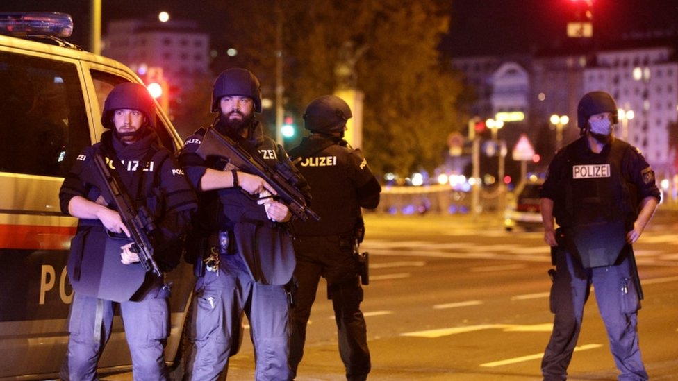 Police blocked steets near Schwedenplatz square in Vienna