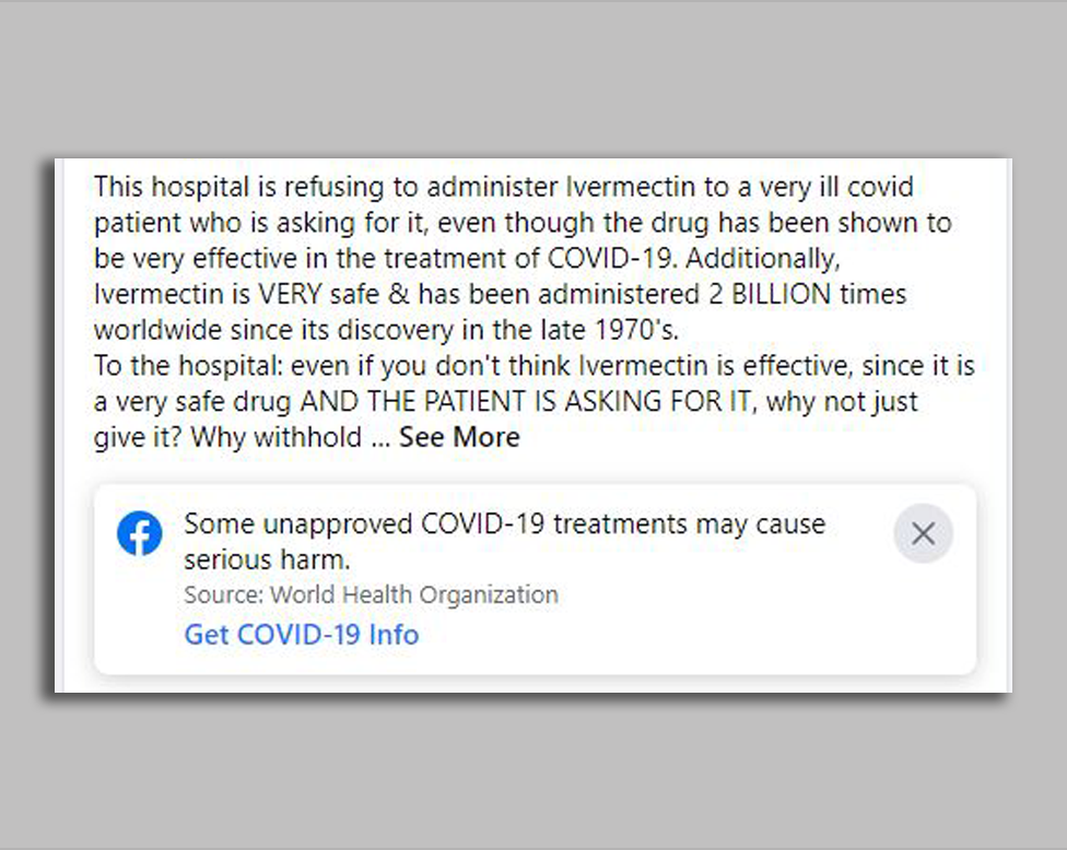 Facebook post complains that a hospital won't treat a very ill patient with ivermectin despite the drug being safe and effective and the patient asking for it.