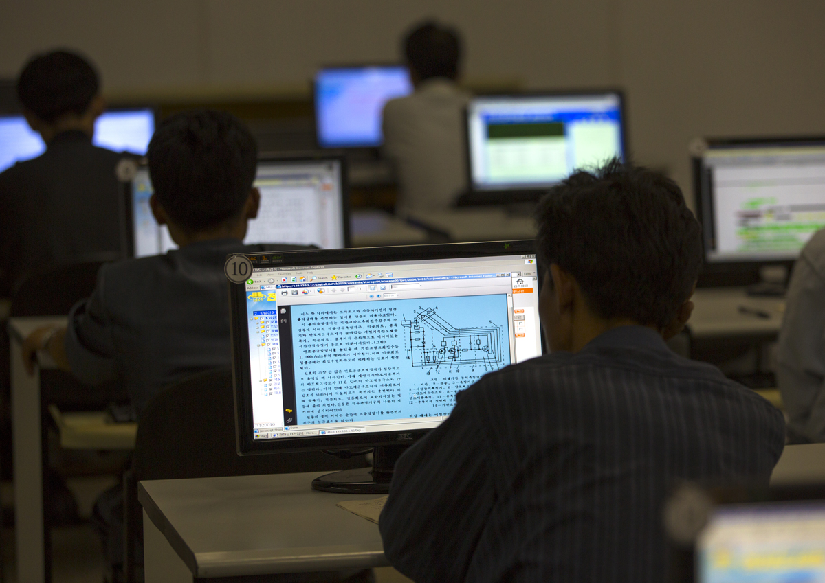 Students use the North Korean intranet in the Grand People's Study House in Pyongyang