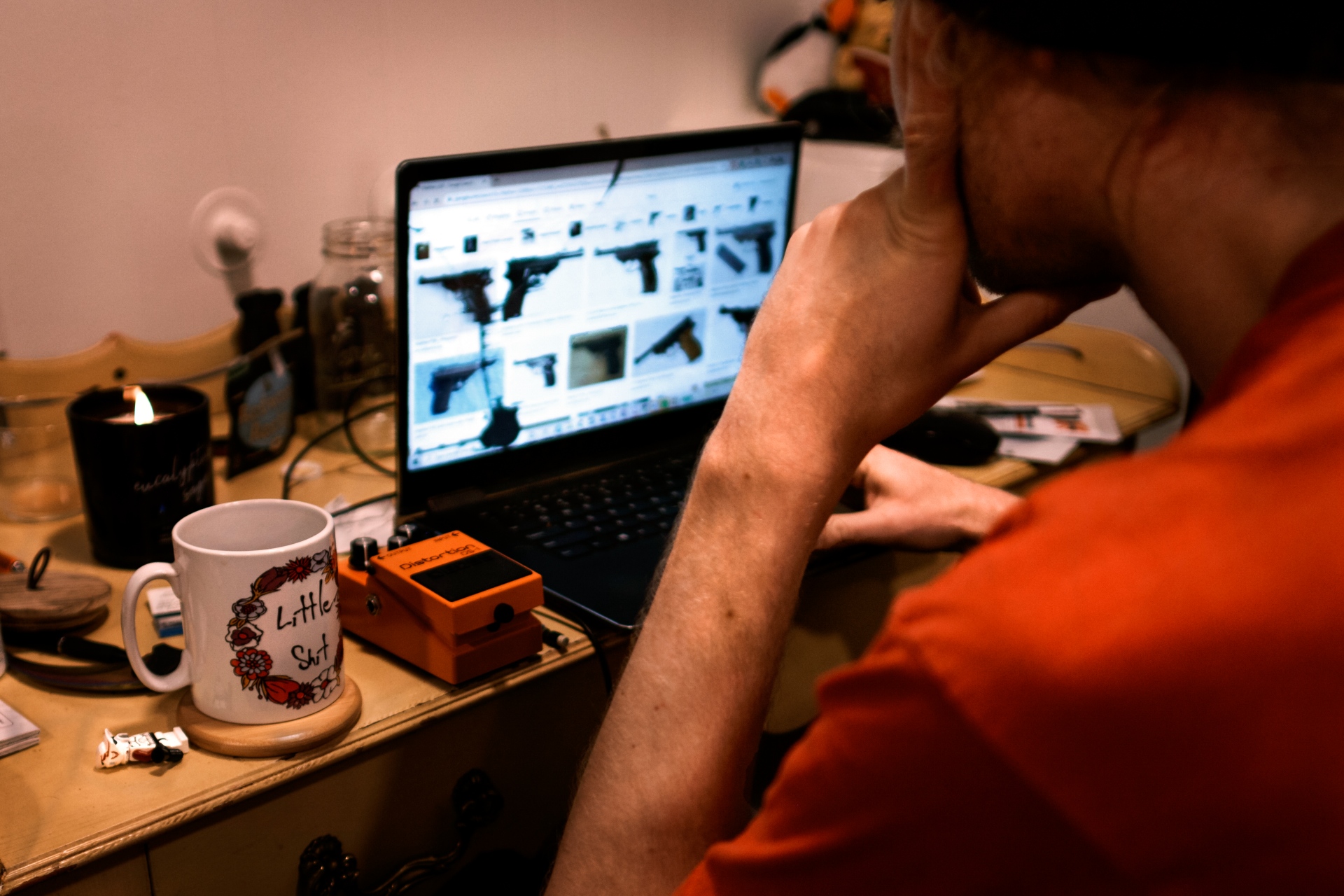 Max looking at a laptop with photos of handguns visible on the screen