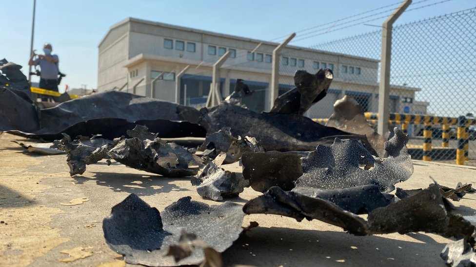Debris seen in front of Saudi Aramco oil facility in Jeddah that the Houthis said they attacked (24 November 2020)