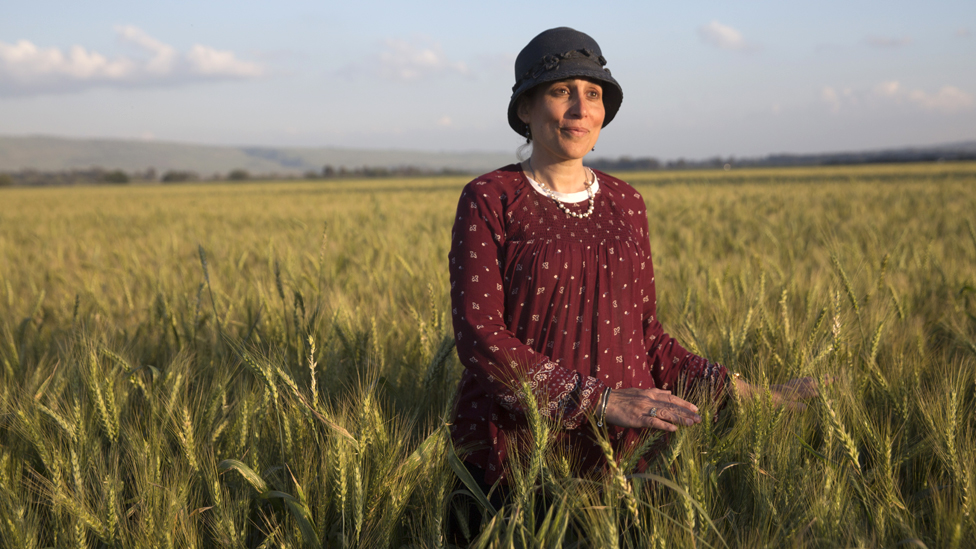 Šani Taragin, 45, je predavač na temu zdravlja žena i jevrejskog prava. Stoji u polju pšenice na severu Izraela tokom praznika Pesah (fotografija Hajdi Levin za BBC)