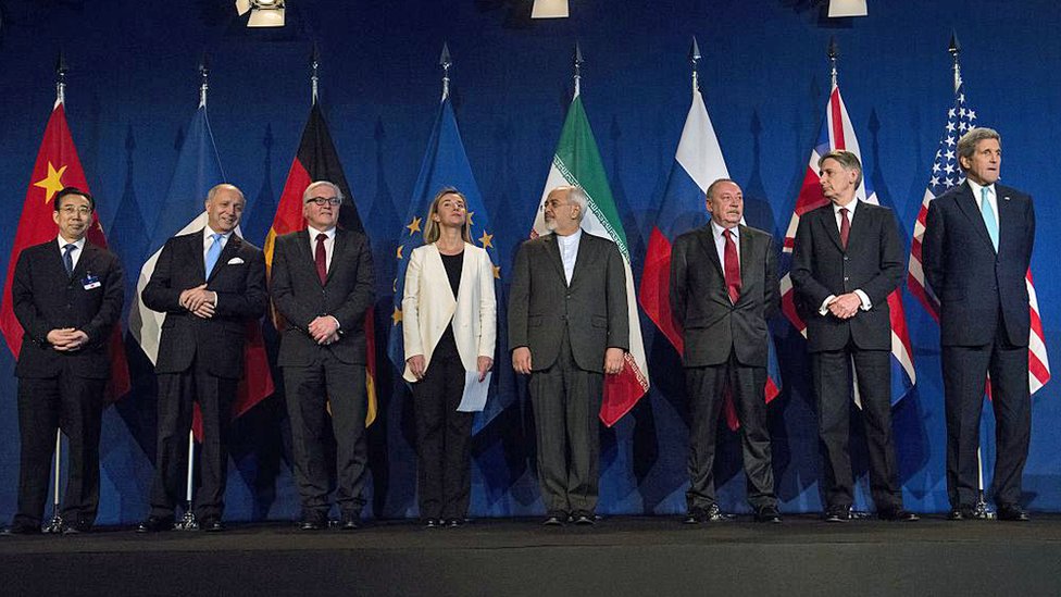 Representantes de China, Francia, Alemania, la UE, Irán, Rusia, Reino Unido y Estados Unidos en abril de 2015, cuando se anunció el acuerdo nuclear con Irán.
