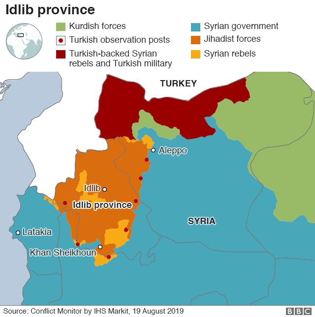 Карта провинции Идлиб в Сирии с указанием множества различных повстанческих групп и их относительных территорий, показанных географически