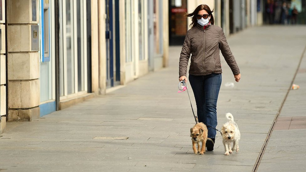 A woman walks two dogs in an empty street