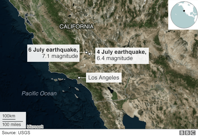 Карта землетрясений 4 и 6 июля в Калифорнии