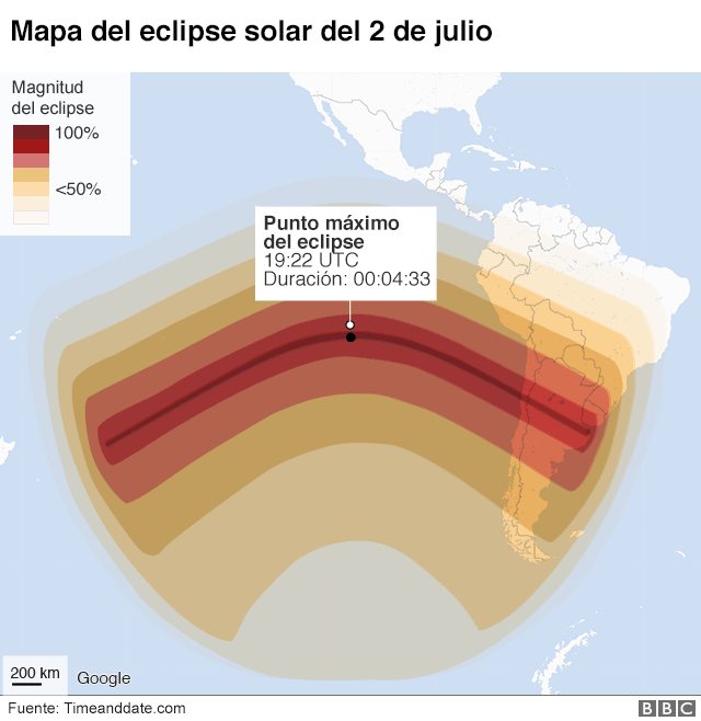 Mapa del eclipse total del 2 de julio