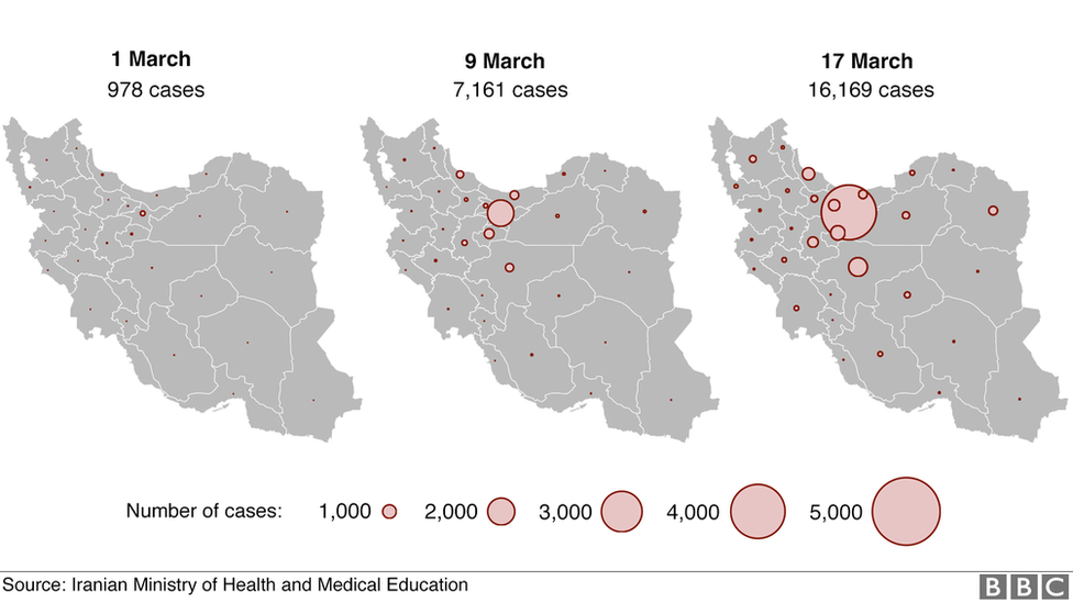 График, показывающий, что число случаев заболевания с течением времени увеличивается во всех 31 провинции Ирана