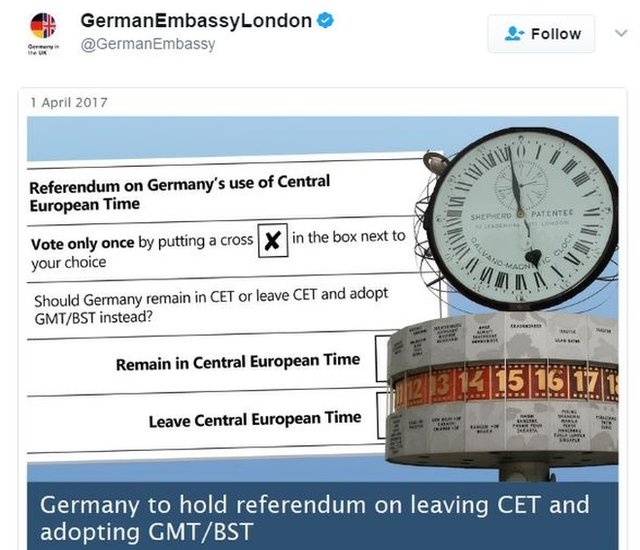 Шуткий твит от 1 апреля посольства Германии в Лондоне
