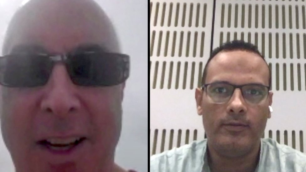A split screen image showing Dr Steven Levy on a call with BBC reporter Ramadan Younes