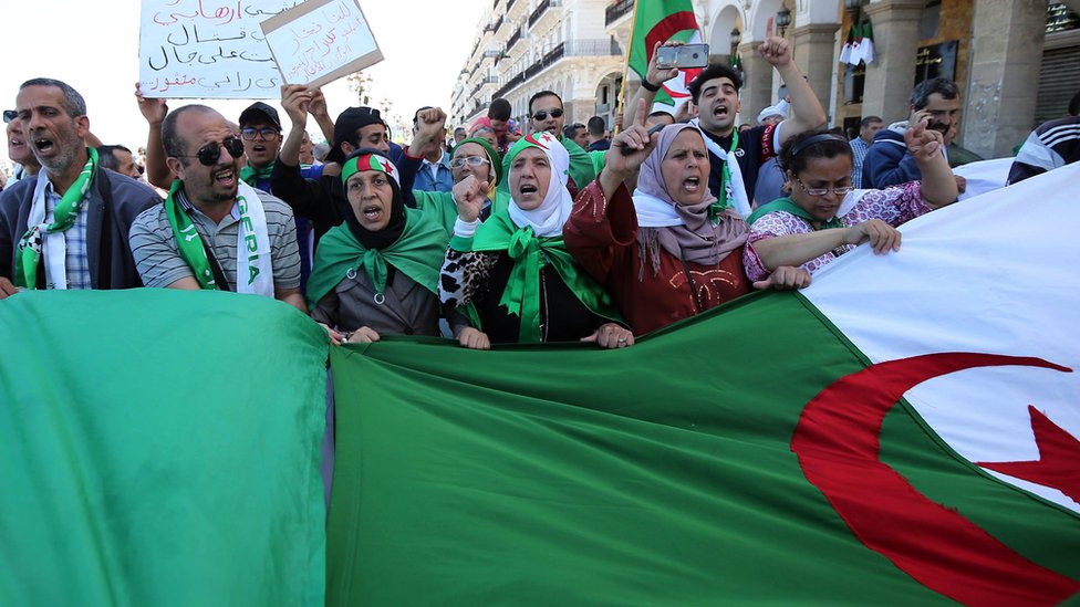 Алжирские протестующие держат большой флаг в столице Алжира