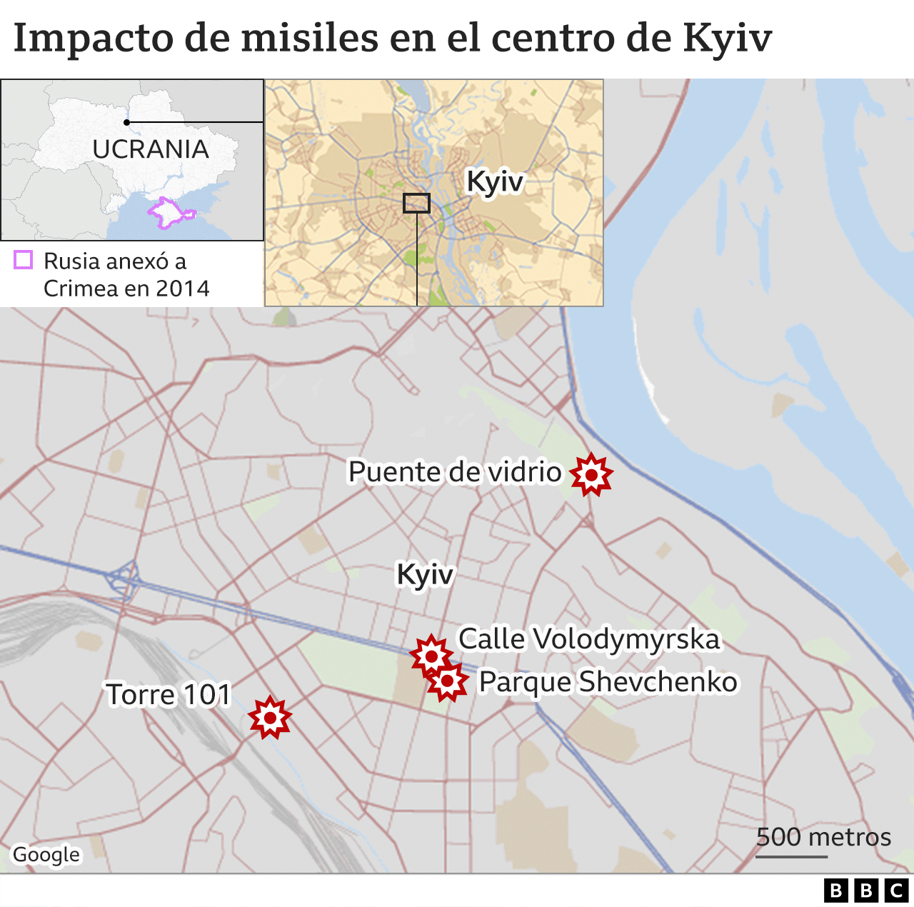 Mapa con los sitios que fueron atacados en Kyiv