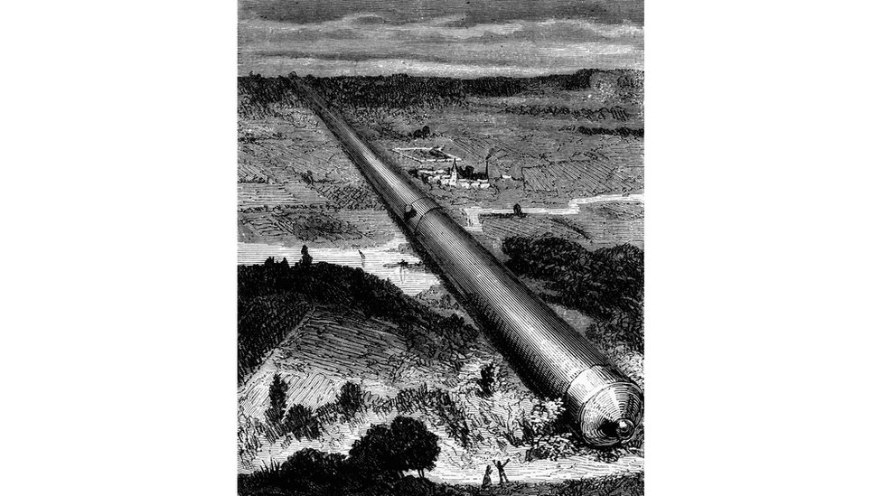 رسم للمدفع العملاق الذي اسْتُخْدِمَ لإطلاق مركبة الفضاء "كولومبيا" في رواية كتبها الروائي الفرنسي جول فيرن بشأن استكشاف القمر