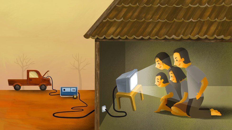 Dibujo de una familia mirando TV