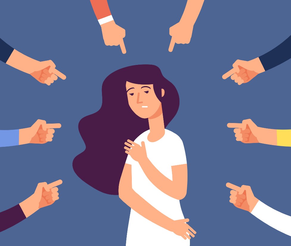 Ilustração de pessoas apontando dedo para uma mulher