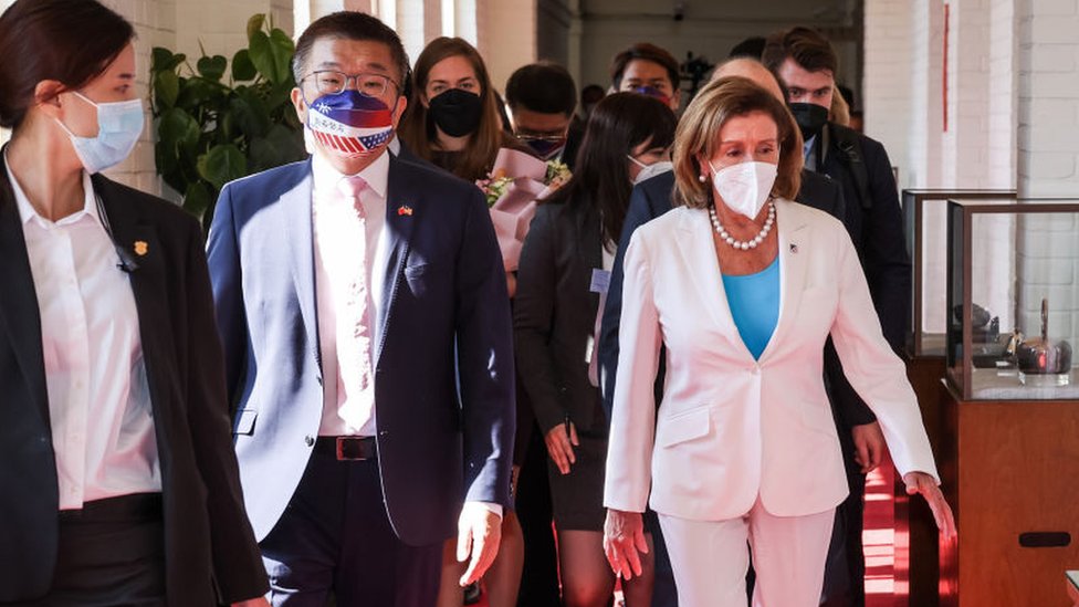 Speaker of the U.S. House Of Representatives Nancy Pelosi (D-CA), right, arrives at the Legislative Yuan, Taiwan's house of parliament, on August 03, 2022 in Taipei, Taiwan