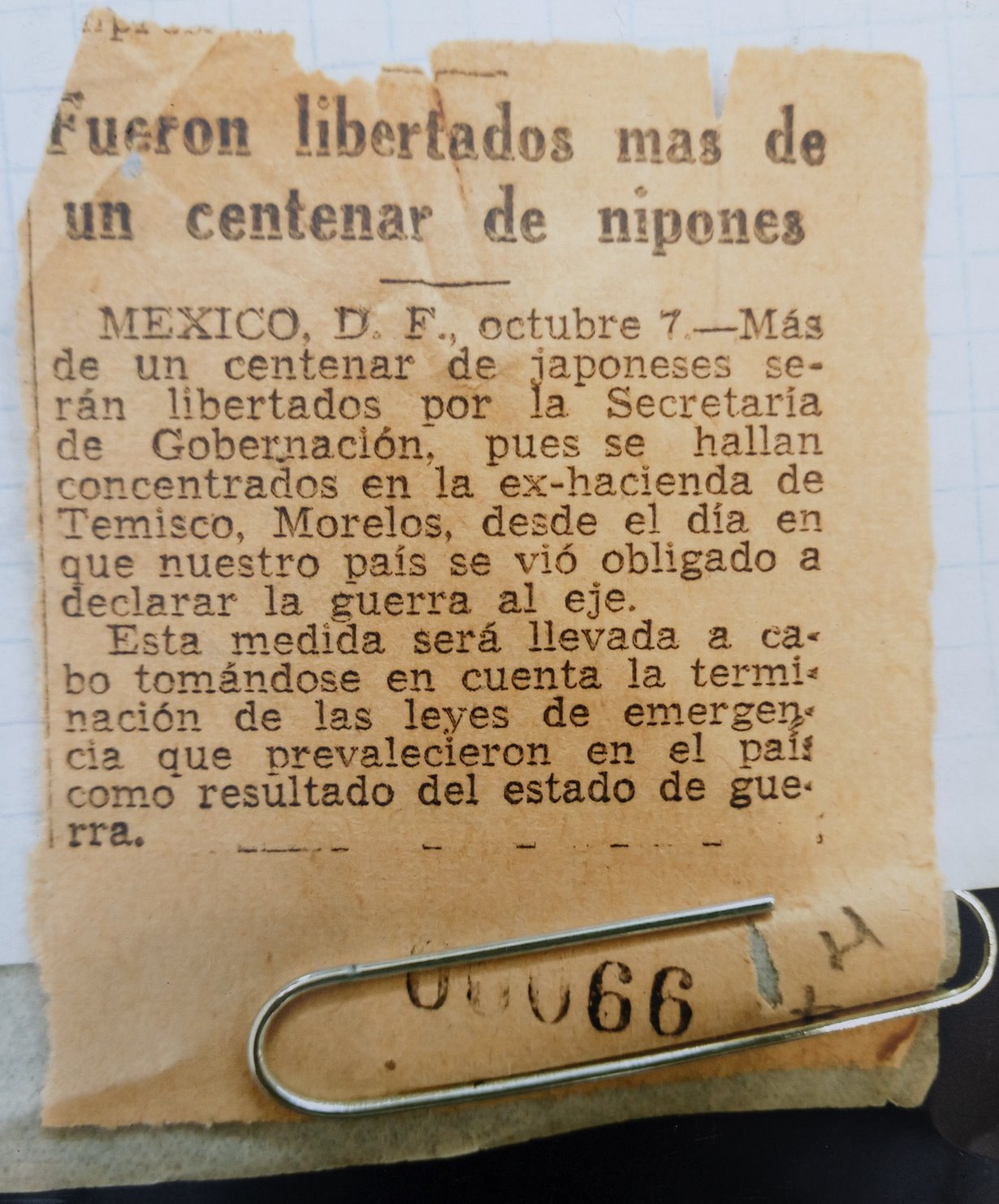 Press article about the liberation of Japanese in Temixco