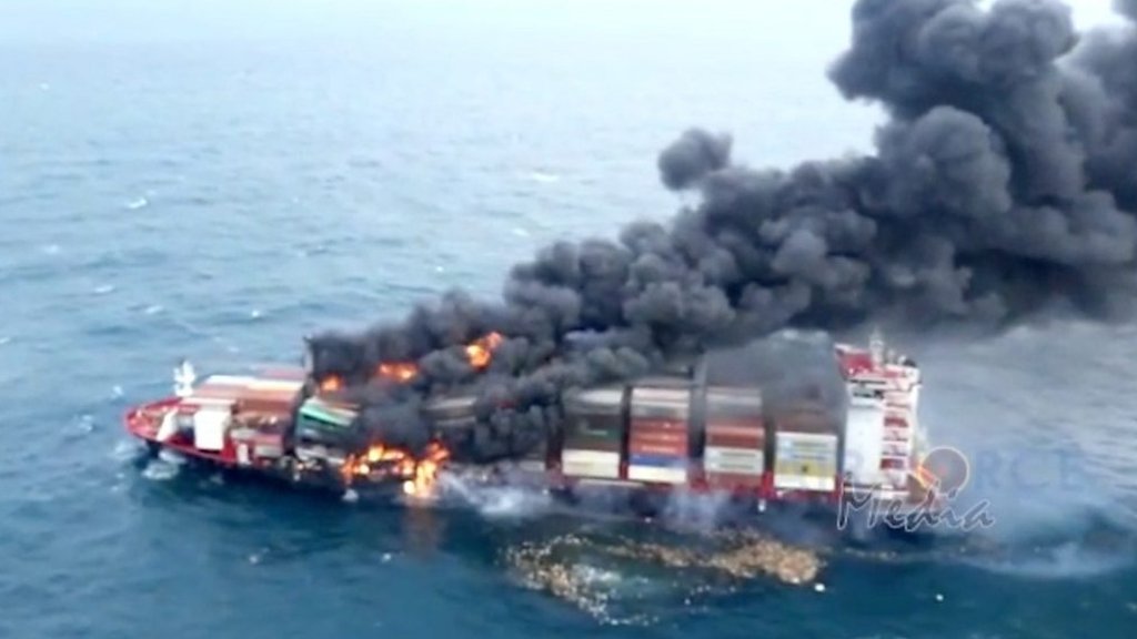 Sri Lanka navy rescue crew following chemical fire on cargo ship
