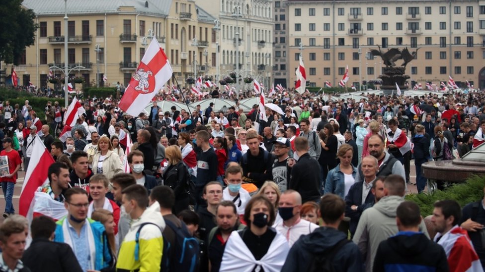 People attend a protest against the results of the presidential elections, in Minsk, Belarus 23 August 2020