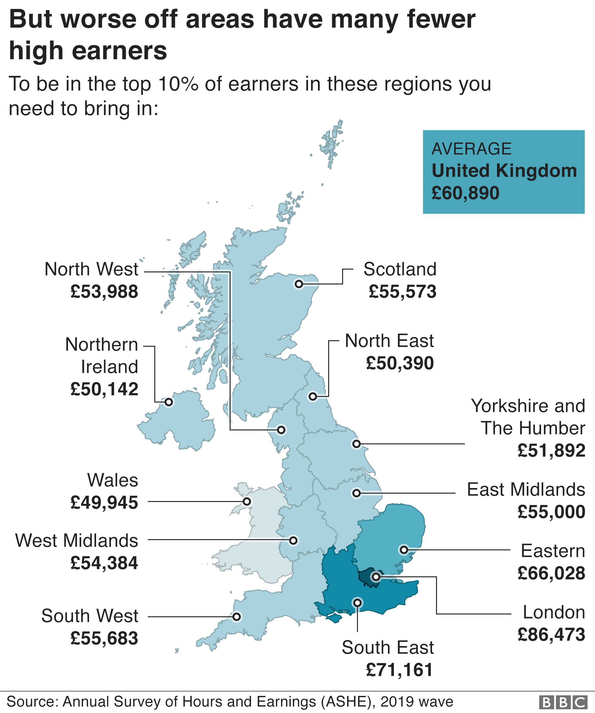 Карта высоких заработков в регионах Великобритании