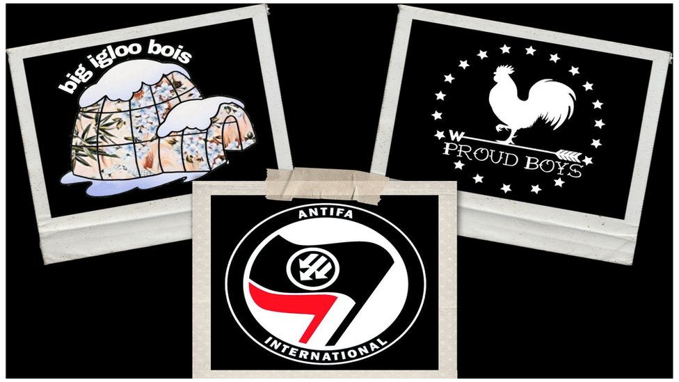 Фотоколлаж с логотипами Antifa, Boogaloo Bois и Proud Boys