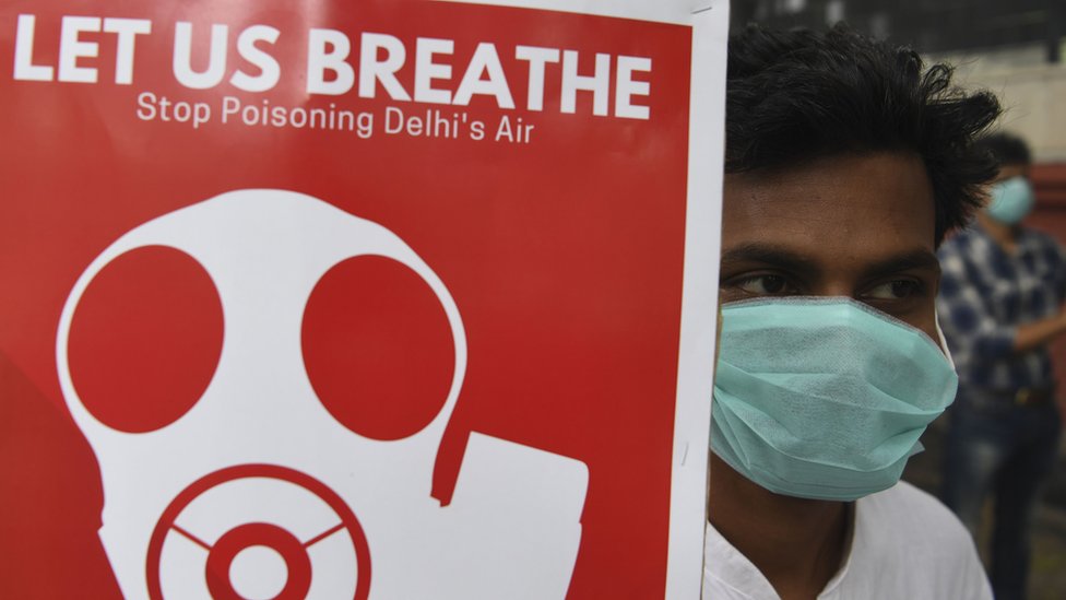 Демонстрант в Дели держит табличку с надписью: «Давайте дышим»