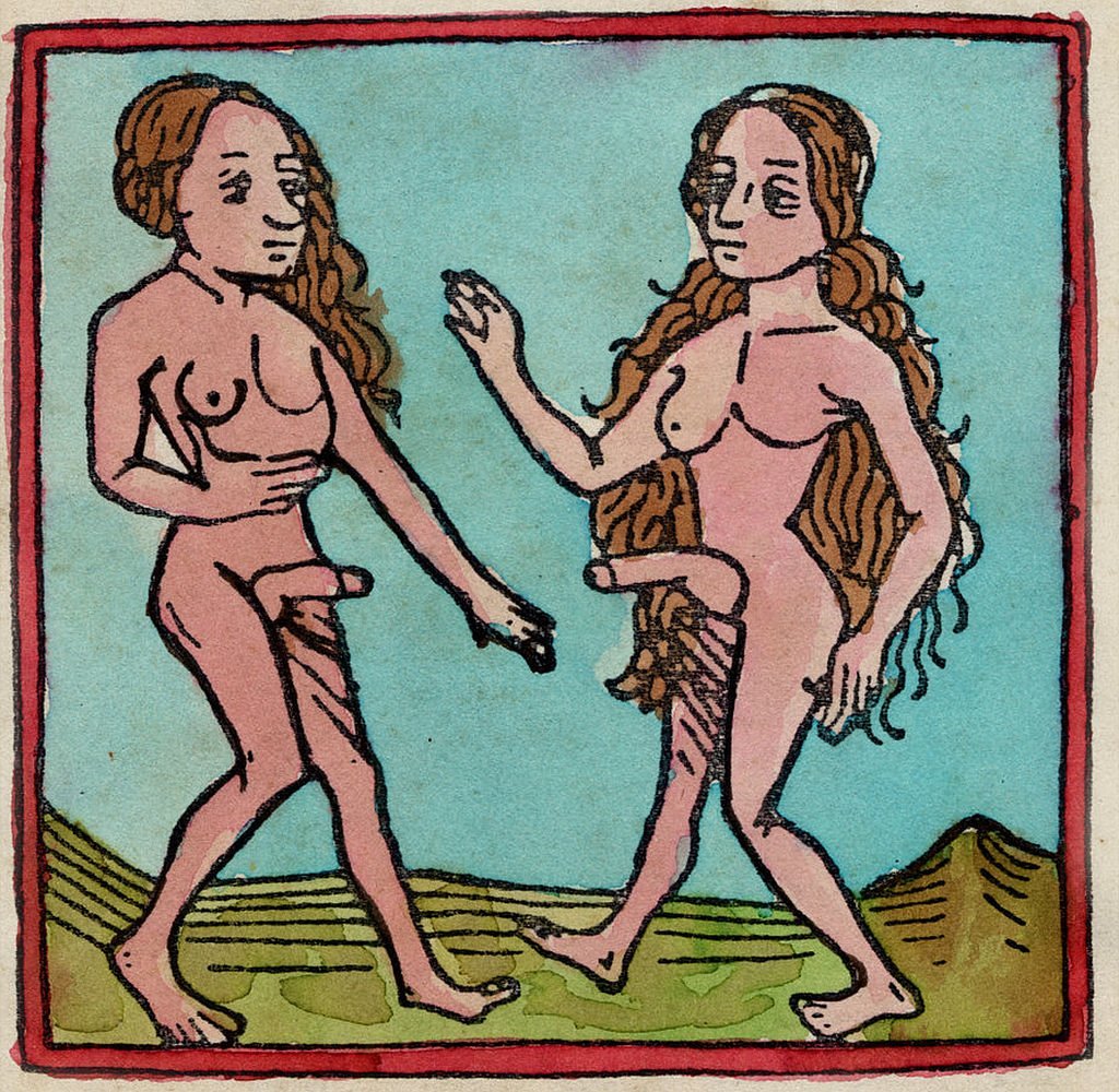 Humanos hermafroditas descritos en "Los viajes" e imaginados en una edición de 1371.
