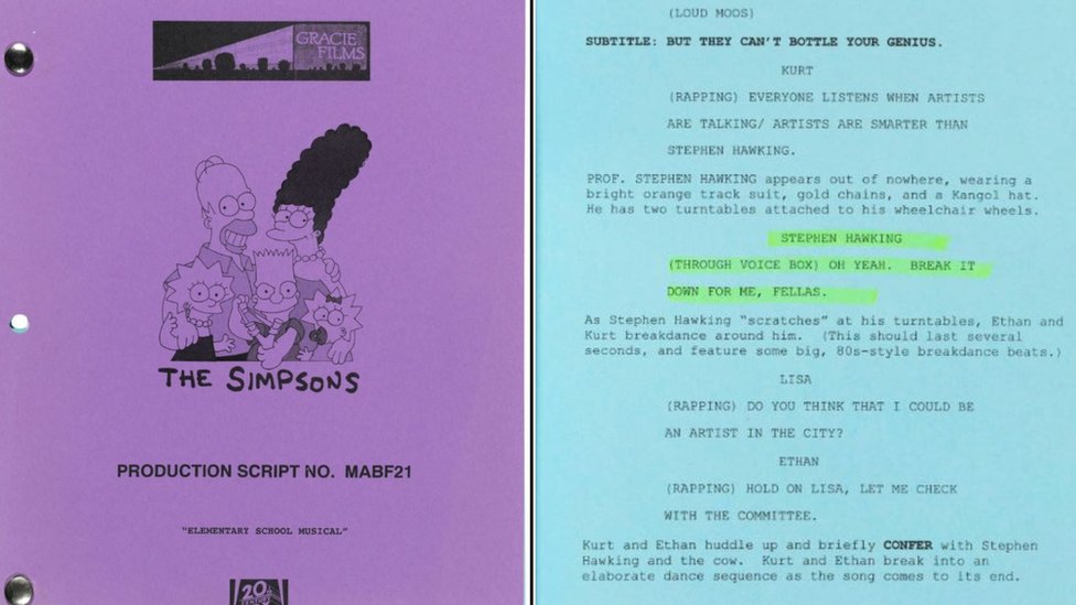 Çizgi dizi Simpsonlar'ın, Hawking'den bahsettiği bölümünün senaryosu